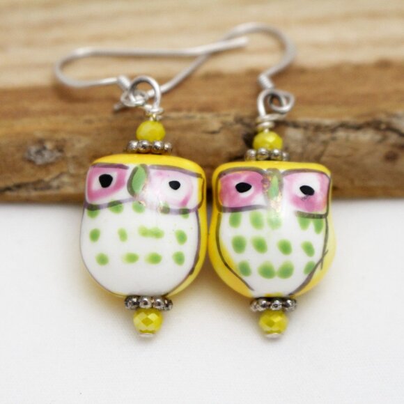 Yellow Hand Painted Porcelain Owl Earrings - Handmade & Hypoallergenic - Picture 1 of 8